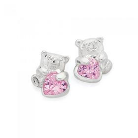 Silver-Pink-Cubic-Zirconia-Teddy-Bear-Earrings on sale