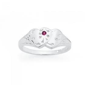 Silver+Double+Heart+Red+Cubic+Zirconia+Signet+Ring+Size+G