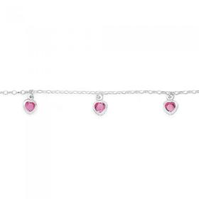 Sterling+Silver+17cm+Belcher+Pink+Crystal+Heart+Charms+Bracelet