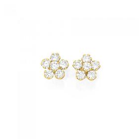 9ct+Gold+Cubic+Zirconia+Flower+Stud+Earrings