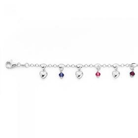 Sterling+Silver+18cm+Belcher+5%2B1+Pink+%26amp%3B+Purple+Crystal+Heart+Charm+Bracelet