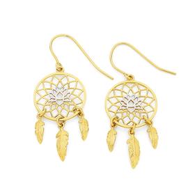 9ct+Gold+Two+Tone+Lotus+Dream+Catcher+Drop+Earrings