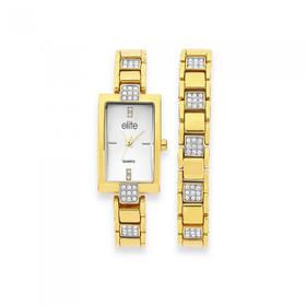 Elite-Ladies-Gold-Tone-Watch-Bracelet-Set on sale