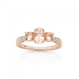 9ct+Rose+Gold+Morganite+%26+Diamond+Trilogy+Ring