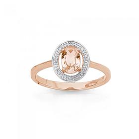 9ct-Rose-Gold-Morganite-Diamond-Halo-Ring on sale