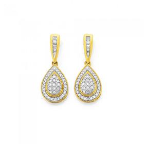 9ct+Gold+Diamond+Cluster+Pear+Shape+Drop+Earrings