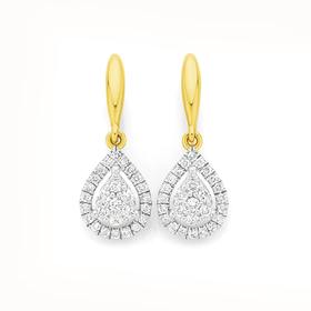 9ct-Gold-Diamond-Cluster-Pear-Drop-Hook-Earrings on sale
