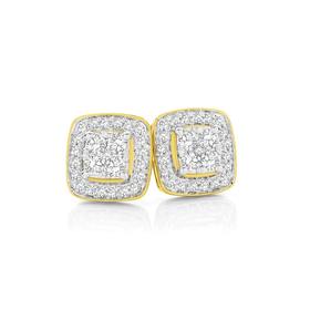 9ct+Gold+Diamond+Cushion+Shape+Cluster+Studs+Earrings