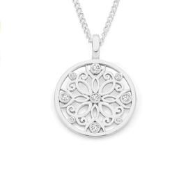 Silver+CZ+Flower+Filigree+Round+Pendant