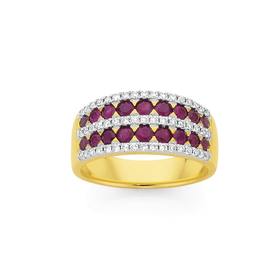 9ct+Gold+Natural++Ruby+%26+.34ct+Diamond+Wide+Dress+Band