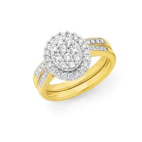 18ct+Gold+Oval+Shaped+Cluster+Diamond+Bridal+Set