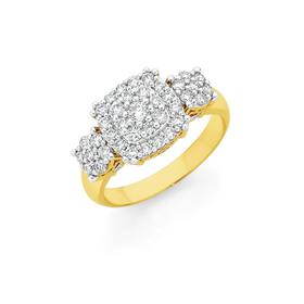 9ct-Gold-Cluster-Cushion-Shape-Trilogy-Ring on sale