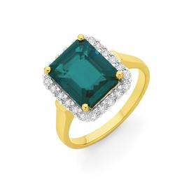 9ct+Gold+Created+Emerald+%26amp%3B+Diamond+Dress+Ring