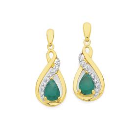 9ct+Gold+Emerald+%26amp%3B+Diamond+Drop+Stud+Earrings