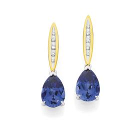 9ct+Gold+Created+Ceylon+Sapphire+%26amp%3B+Diamond+Drop+Earrings