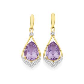 9ct+Gold+Pink+Amethyst+%26amp%3B+Diamond+Stud+Earrings