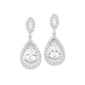 Silver+Pear+CZ+Cluster+On+Open+Marquise+Earrings