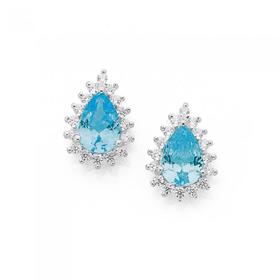 Sterling-Silver-Pear-Aqua-CZ-Cluster-Studs on sale