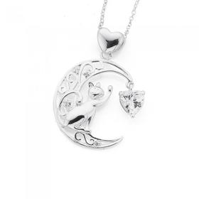 Sterling-Silver-CZ-Heart-Cat-On-Moon-Pendant on sale