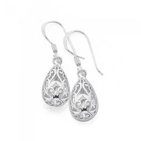 Silver-Filigree-Puff-Teardrop-Hook-Earrings on sale