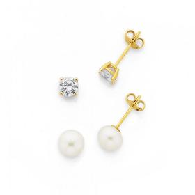 9ct+Gold+Cubic+Zirconia+%26+Pearl+Stud+Earrings+Gift+Set