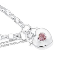 Silver-Pink-Cubic-Zirconia-Puff-Padlock-Bracelet on sale