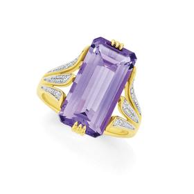 9ct-Gold-Amethyst-10ct-Diamond-Emerald-Cut-Dress-Ring on sale