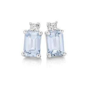 9ct+White+Gold+Aquamarine+%26amp%3B+Diamond+Stud+Earrings