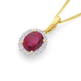 9ct+Gold+Created+Ruby+%26amp%3B+Diamond+Oval+Pendant