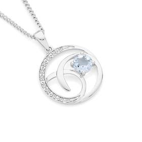 9ct+White+Gold+Aquamarine+%26amp%3B+Diamond+Open+Swirl+Circle+Pendant