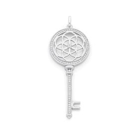 Silver+CZ+Flower+In+Circle+Frame+Key+Pendant