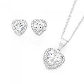 Silver-CZ-Heart-Cluster-Earrings-Pendant-Set on sale