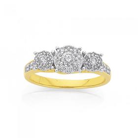 9ct-Gold-Diamond-Cluster-Trilogy-Ring on sale