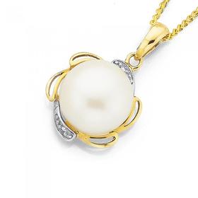 9ct+Gold+Cultured+Freshwater+Pearl+%26+Diamond+Flower+Pendant