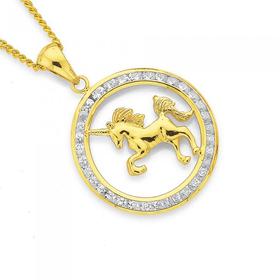 9ct-Gold-Cubic-Zirconia-Circle-Unicorn-Pendant on sale