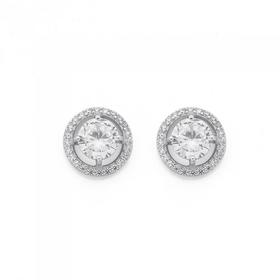 Silver+Cubic+Zirconia+Solitaire+With+Circle+Surround+Stud+Earrings