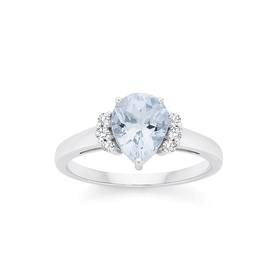 9ct+White+Gold+Aquamarine+%26amp%3B+Diamond+Pear+Shoulder+Ring