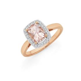 9ct+Rose+Gold+Morganite+%26amp%3B+Diamond+Cushion+Frame+Ring