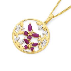 9ct+Gold+Ruby+%26amp%3B+Diamond+Butterfly+Circle+Pendant