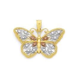 9ct+Tri+Tone+Gold+Butterfly+Pendant