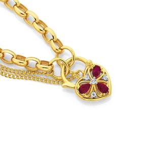 9ct+Gold+19cm+Solid+Belcher+Diamond+%26amp%3B+Created+Ruby+Padlock+Bracelet