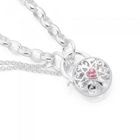 Silver-Pink-Cubic-Zirconia-Heart-Tree-of-Life-Round-Padlock-Bracelet on sale