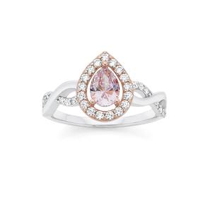 Silver+%26amp%3B+Rose+Gold+Plated+Pear+Shape+Blush+Pink+CZ+Crossover+Ring