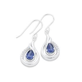 Silver+Blue+and+White+CZ+Pear+Shape+Wave+Loop+Earrings