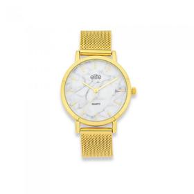 Elite+Ladies+Gold+Tone+Marble+Dial+Mesh+Watch