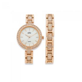 Elite+Ladies+Rose+Tone+MOP+Dial+Stone+Set+Watch