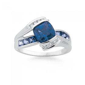 9ct-White-Gold-Created-Blue-Sapphire-Diamond-Ring on sale