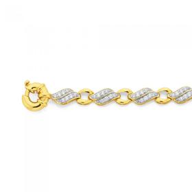 9ct+Gold+18.5cm+Solid+Flame+Links+Cubic+Zirconia+Bolt+Ring+Bracelet