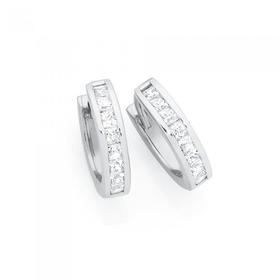 Sterling+Silver+Cubic+Zirconia+Princess+Cut+Channel+Set+Huggie+Earrings