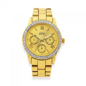 Elite+Gold+Tone%2C+Stone+Set%2C+Multi+Dial+Watch